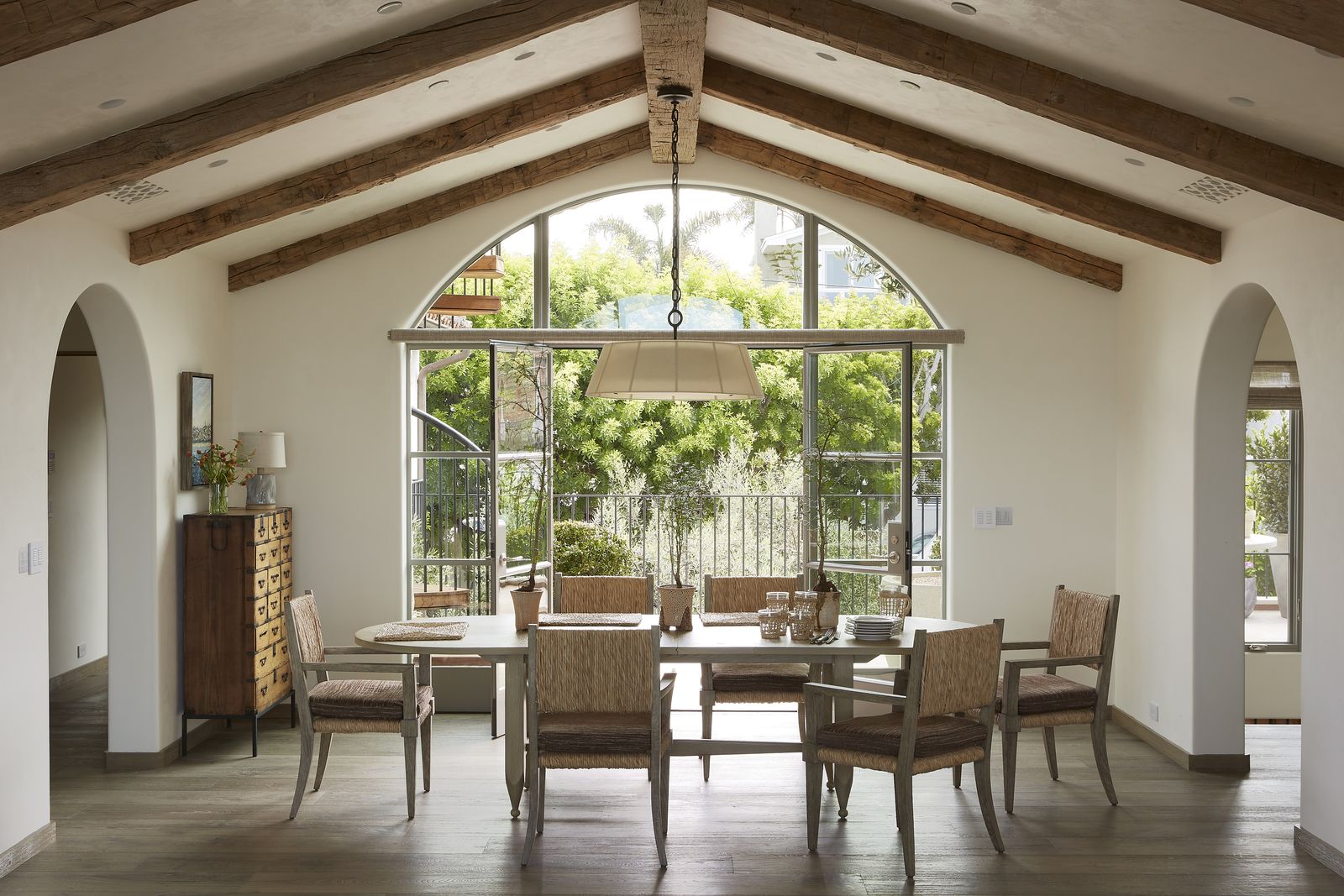 Dining room under exposed wood beams